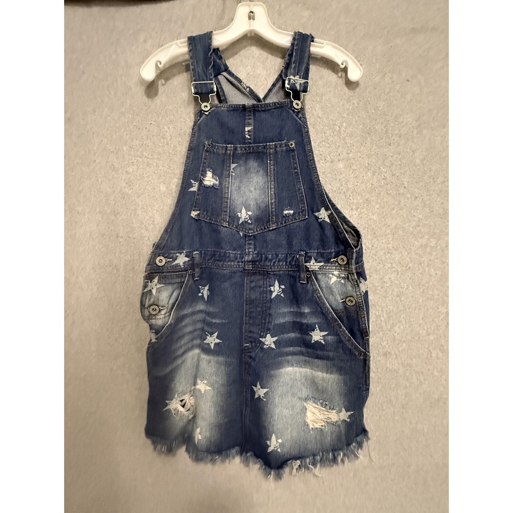Umgee Dress Womens M Blue Denim Overall Star Print Distressed Short Fringe Hem